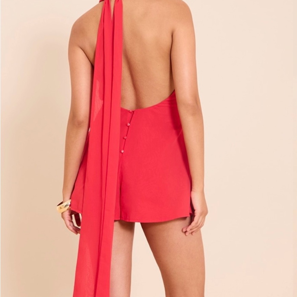 NWT Pretty Little Thing Red Chiffon Scarf Floaty Open Back Romper Playsuit Sz 10